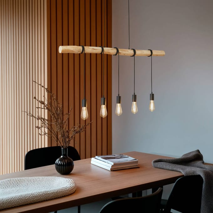 Lindby - hanglamp - 5lichts - Ijzer, hout, touw - E27 - matzwart, licht hout