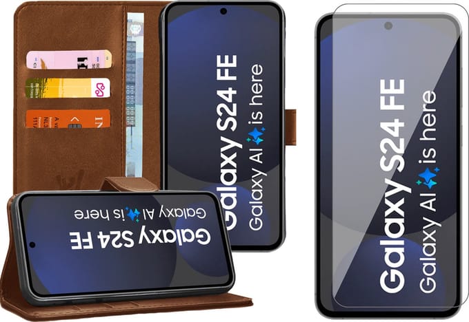 Hoesje geschikt voor Samsung Galaxy S24 FE - Screenprotector Glas - Portemonnee Book Case Bruin
