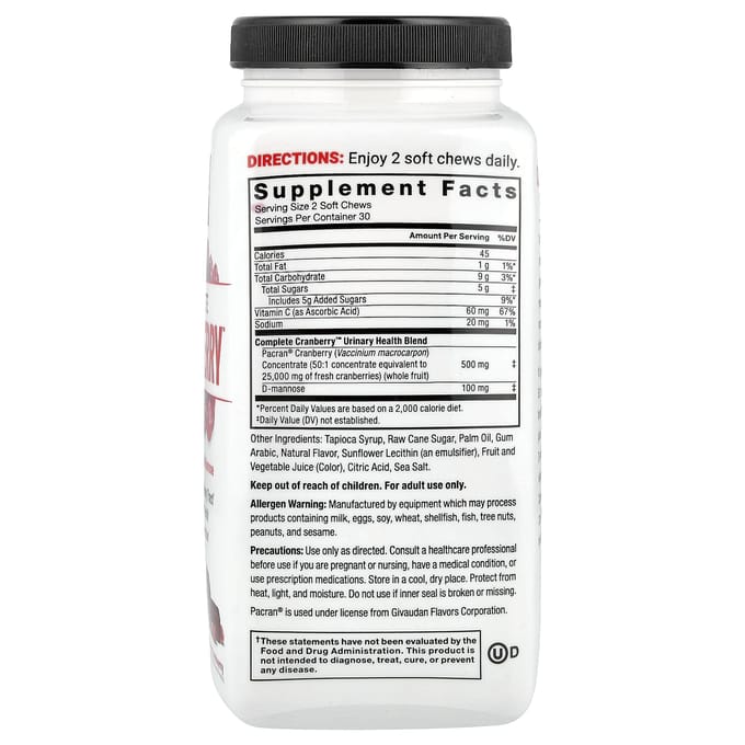 Force Factor Canneberge, d-mannose et vitamine C, canneberge douce, 60 gommes à mâcher molles