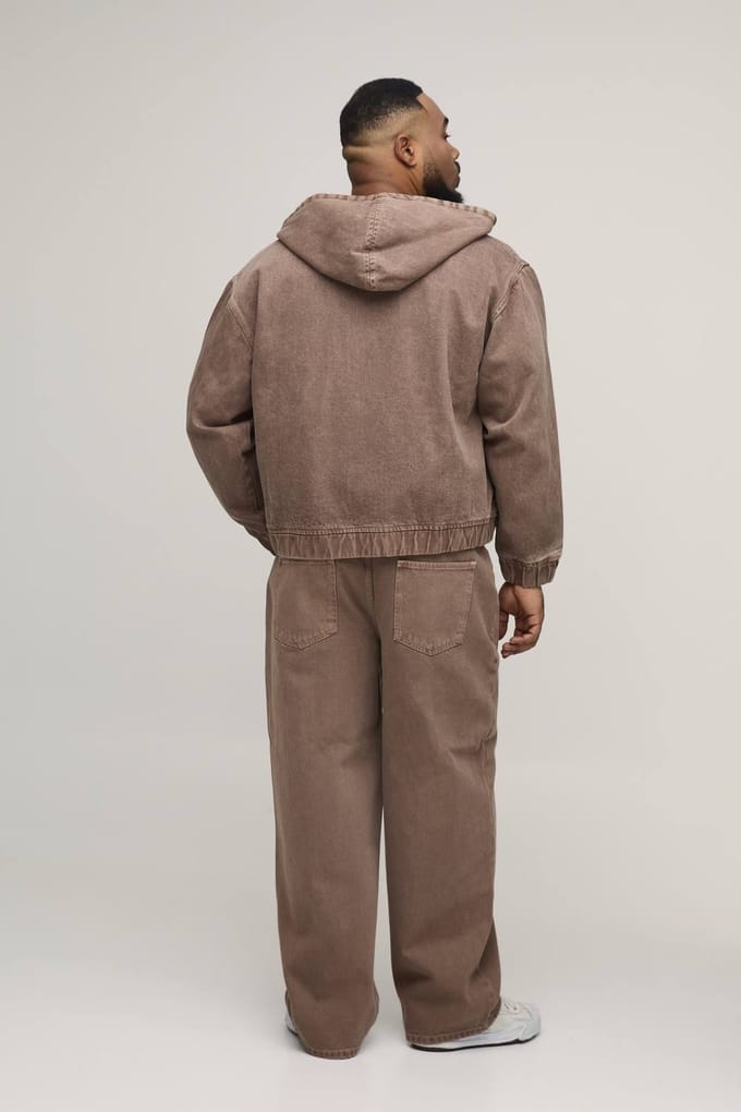 Plus Getint Gewassen Denim Oversized Hoodie Met Rits | Brown | Size 3XL