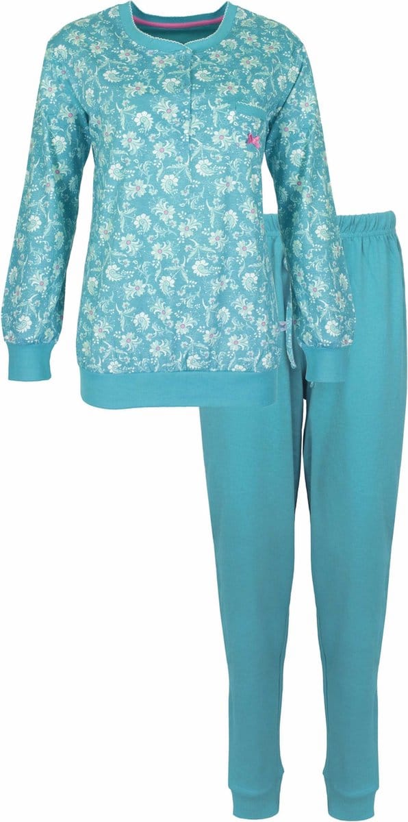 Tenderness Dames Pyjama - Katoen - Bloemen - Aqua Groen - Maat L
