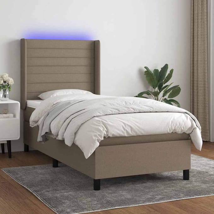vidaXL - Boxspring - met - matras - en - LED - stof - taupe - 90x190 - cm