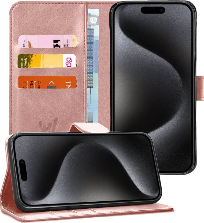 Hoesje geschikt voor iPhone 15 Pro Max - Book Case Kunstleer Pasjeshouder Rosegoud
