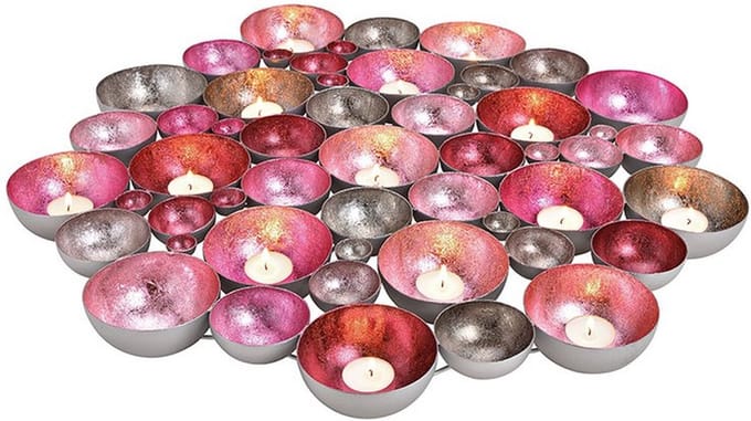 Schaal/lantaarn van metaal roze/roze, zilver (B/H/D) 60x5x60cm theelichthouder