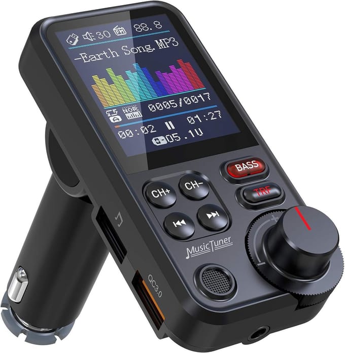 Bluetooth FM-zender, Bluetooth autoradioadapter met microfoon, krachtig, met 1,8 inch kleurendisplay, ondersteunt QC3.0, treble en bas