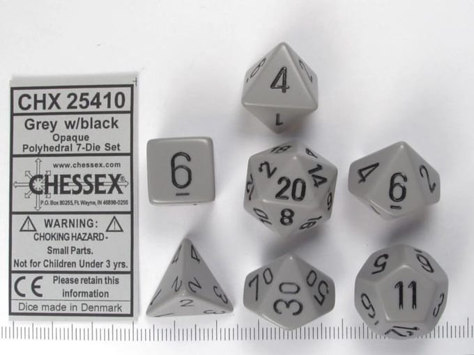 Chessex Opaque grijs zwart Polydice Dobbelsteen Set 7 stuks.