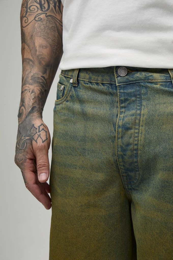 Lange Relaxed Getinte Denim Shorts | Green | Size 32