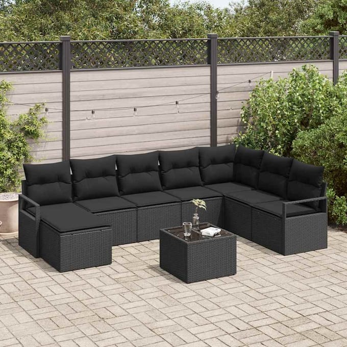 vidaXL Bankstel met kussen met opslag 9 pcs Zwart poly rattan