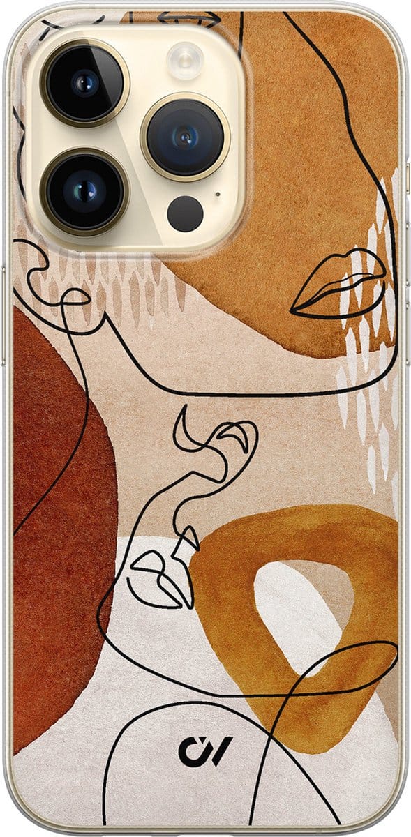 Hoesje geschikt voor Apple iPhone 14 Pro - Abstract Shape Faces - - Bruin - Apple - Casevibes