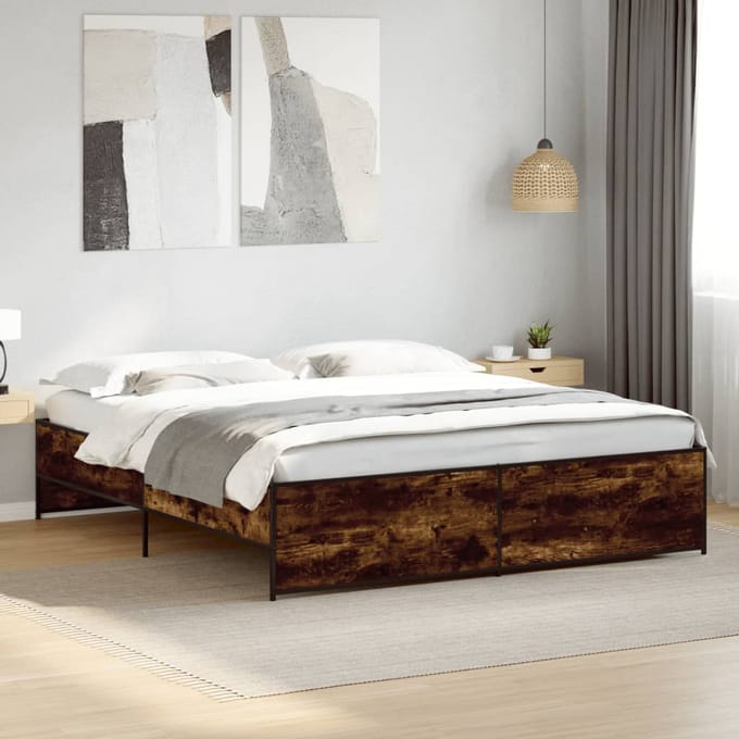 vidaXL - Bedframe - bewerkt - hout - metaal - gerookt - eikenkleurig - 200x200 - cm