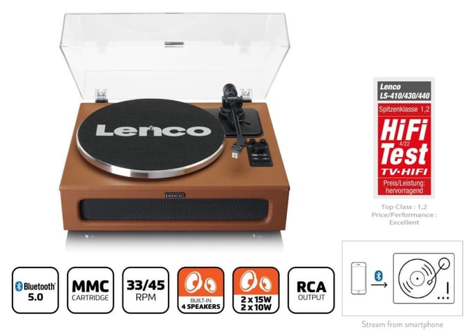 Lenco LS-430BN Platenspeler met luidsprekers en Bluetooth, Riem aangedreven, Voorversterker, Lenco bruin