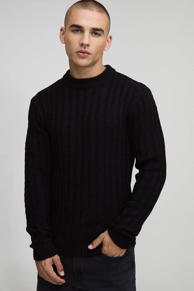 Essential Muscle Fit Cable Knitted Jumper | Black | Size Medium
