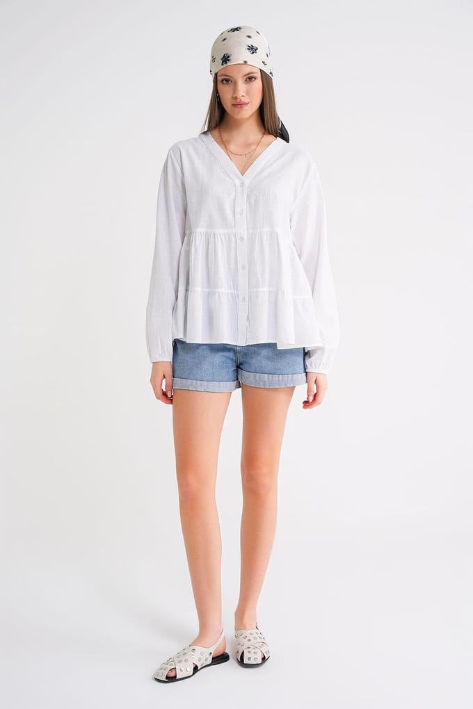 Lange Mouwen Gelaagde V-hals Blouse