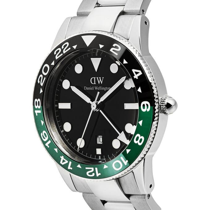 Daniel Wellington DW Watch Iconic GMT Link Black Green Ceramic Bezel Silver 40mm