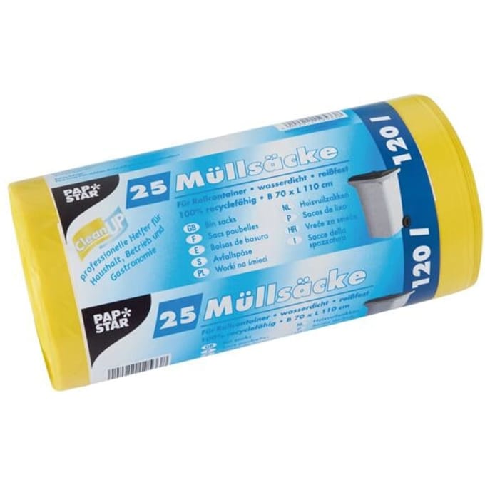 25 Industriezakken, HDPE 120 l 110 cm x 70 cm geel