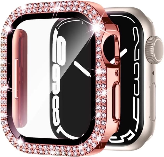 MY PROTECT - Diamond Hoesje Geschikt Voor Apple Watch 45mm Bescherm Case & Screenprotector - Roze