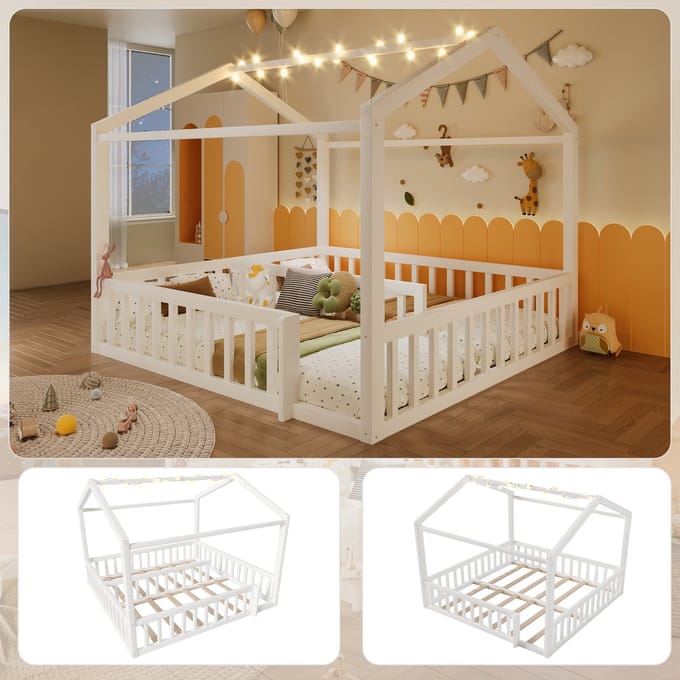 Kinderbed - 180 x 190 cm - Met Hek en LED - Huisframe - Grenenhout - Wit