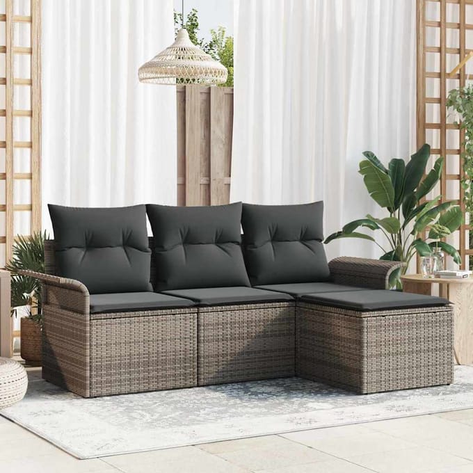 vidaXL Tuinbank Set met kussen met opslag 4 pcs Grijs Poly rattan