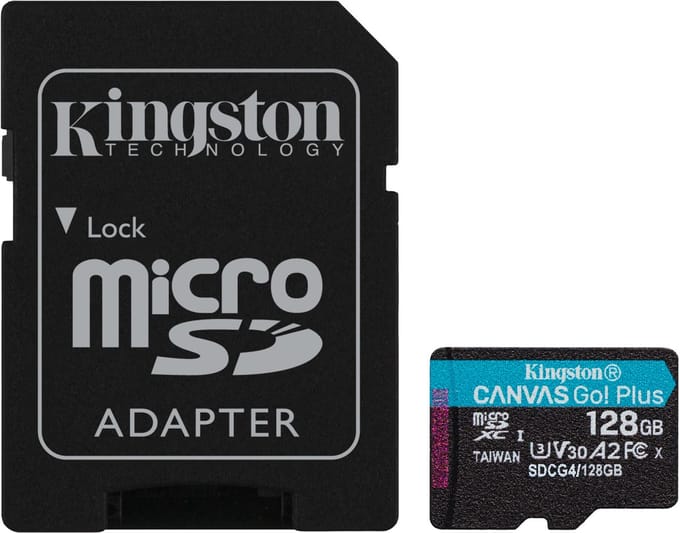 Kingston Technology 128 GB microSDXC Canvas Go Plus Gen4 200 MB/s A2 U3 V30 kaart + adapter