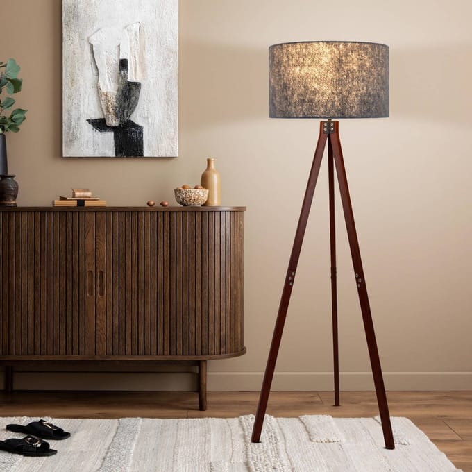 Näve Vloerlamp 2072528, driebeen van hout, stoffen kap