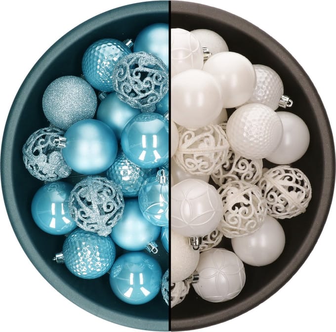 Decoris kerstballen - 74x st - wit en ijsblauw - 6 cm - kunststof