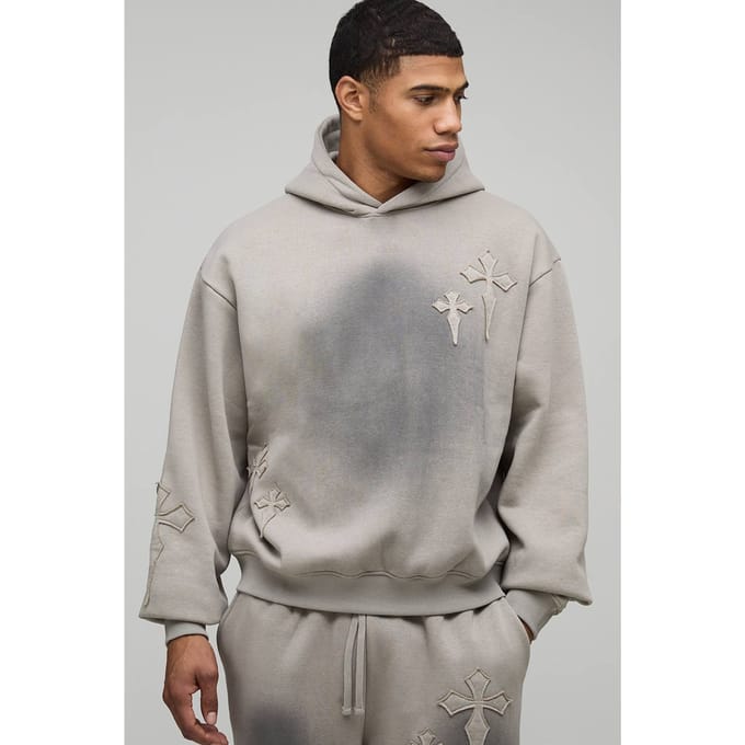 Oversized Boxy Spray Wash Cross Applique Hoodie | Grey | Size Medium
