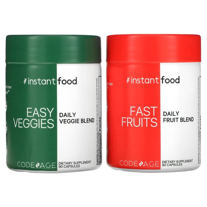 Codeage, Mélange de légumes quotidiens Easy Veggies / Mélange de fruits quotidiens Fast Fruit, 2 flacons, 90 capsules chacun