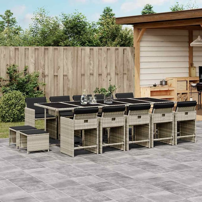 vidaXL - 15-delige - Tuinset - met - kussens - poly - rattan - lichtgrijs