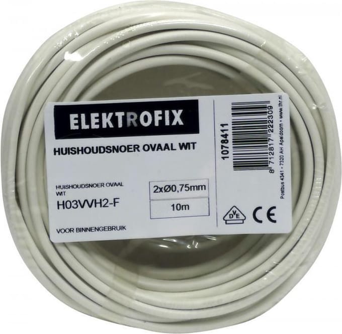 Elektrofix huishoudsnoer ovaal 2 x 0,75 mm wit 10 m