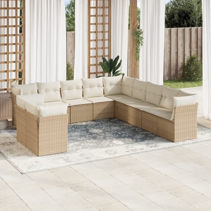 vidaXL - 11-delige - Tuinset - met - kussens - poly - rattan - beige