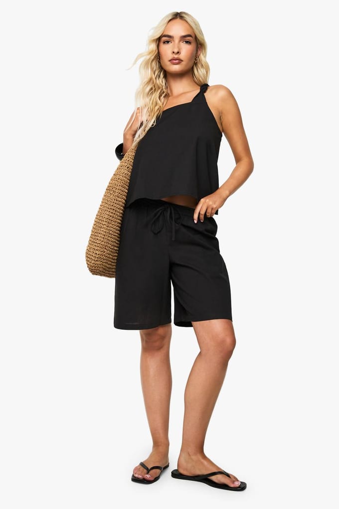 boohoo Dames Linnen knoopdetail one-shoulder crop | Zwart | Maat: 34