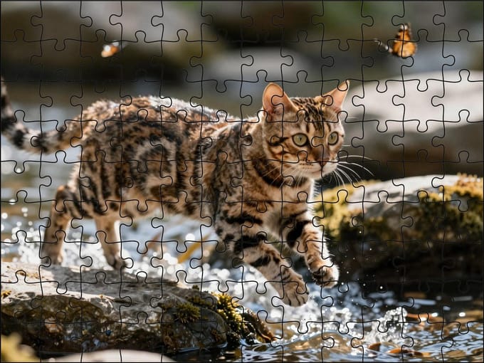 Puzzel Bengaalse kat in het water | 120 stukjes | Dierenpuzzel | Kattenpuzzel