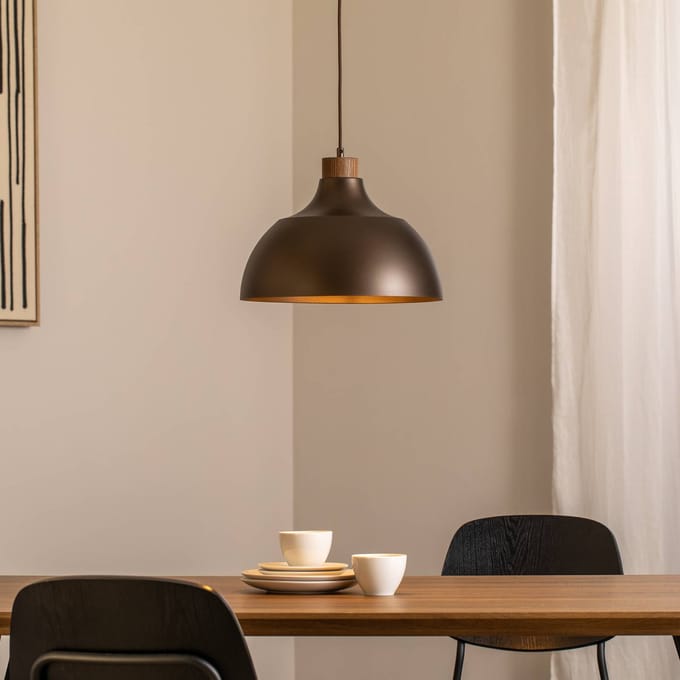 TK Lighting Hanglamp Kaitt, bruin, Ø 34 cm, houten detail