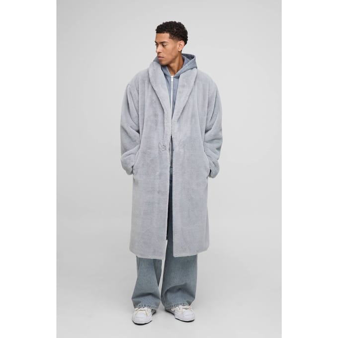 Oversized Plush Faux Fur Shawl Overcoat | Charcoal | Size Medium