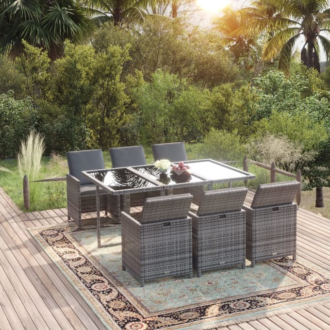 vidaXL - 7-delige - Tuinset - met - kussens - poly - rattan - grijs