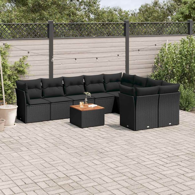 vidaXL - 10-delige - Loungeset - met - kussens - poly - rattan - zwart