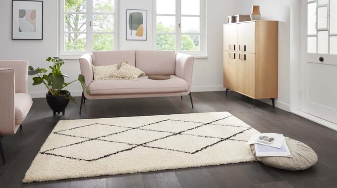Hoogpolig vloerkleed ruiten Moss - crème 120x170