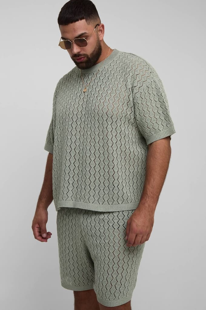 Plus Oversized Boxy Zig Zag Crochet T-Shirt & Short Set | Sage | Size 2XL