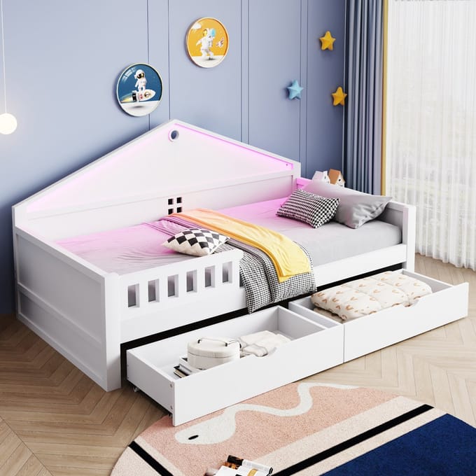 Kinderbed - 90x200 cm - Met LED Lichtstrip En Lades - Inclusief Lattenbodem - Wit