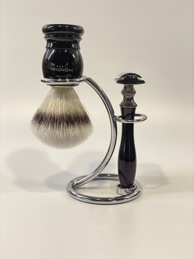 Mondial set - Houder hoog _ Scheerkwast Basic Silvertip Fibre - zwart - Safety Razor