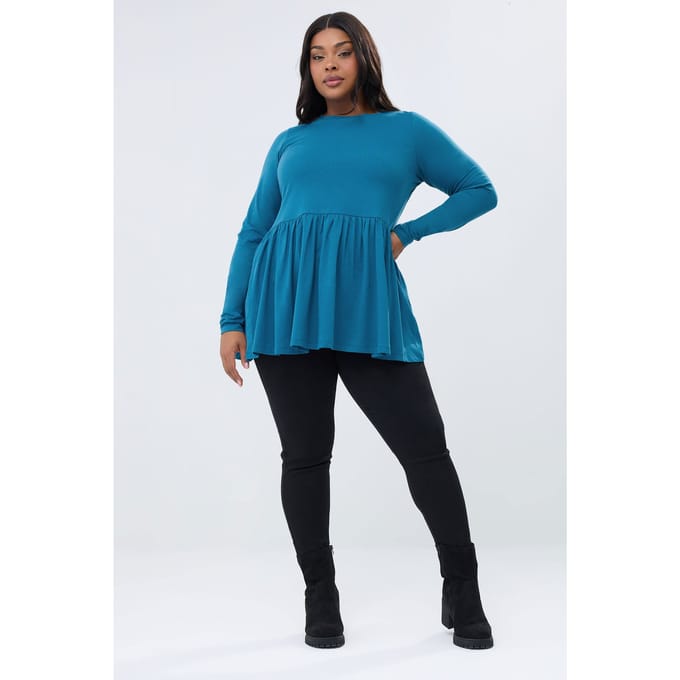 Yours Blauwe Peplum Top Met Lange Mouwen Size 42
