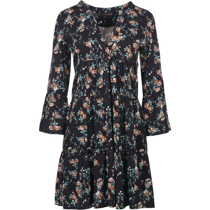 Zwarte bloemen jurk met geplooide naden