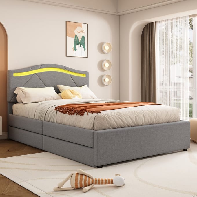 MODFU Bedframe 90x200 cm – Linnen grijs – Met LED, verstelbaar hoofdbord & 2 laden