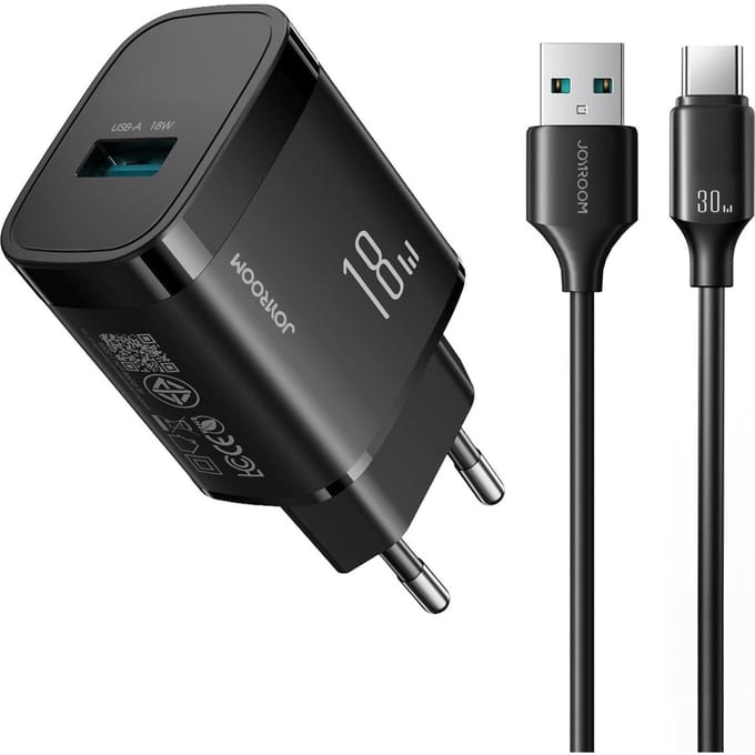 Netlader met USB-C-kabel Joyroom JR-TF4, 18W, 3A, 1 x USB-A, Zwart