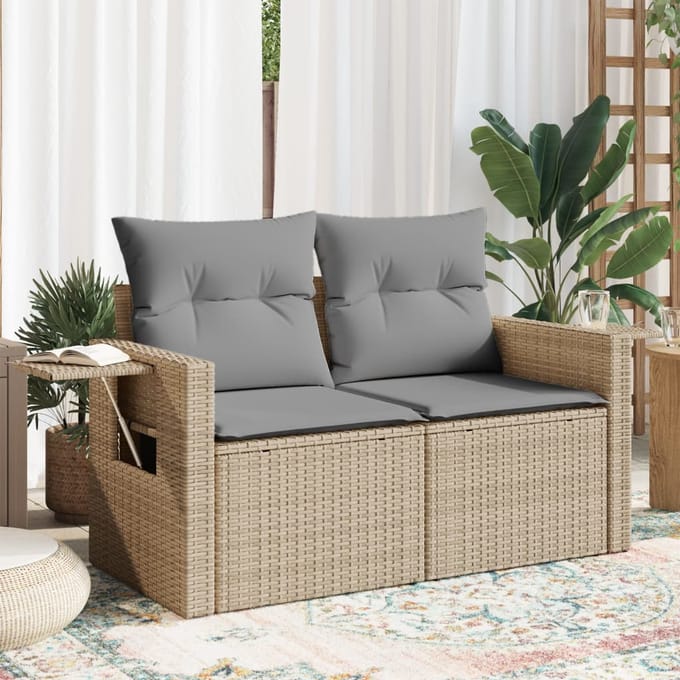 vidaXL - Tuinbank - 2-zits - met - kussens - poly - rattan - beige