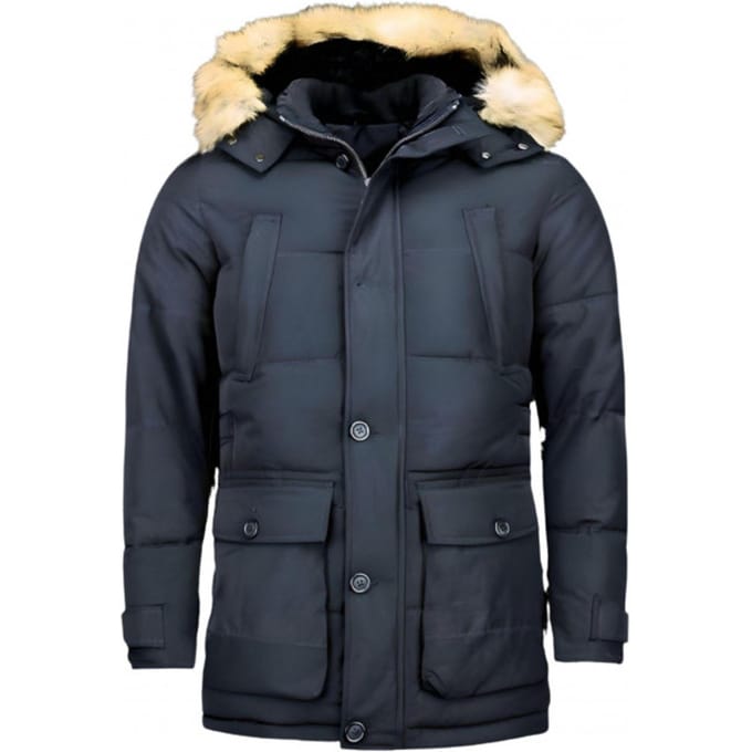 Lange Heren Winterjas - Met Bontkraag - Blauw