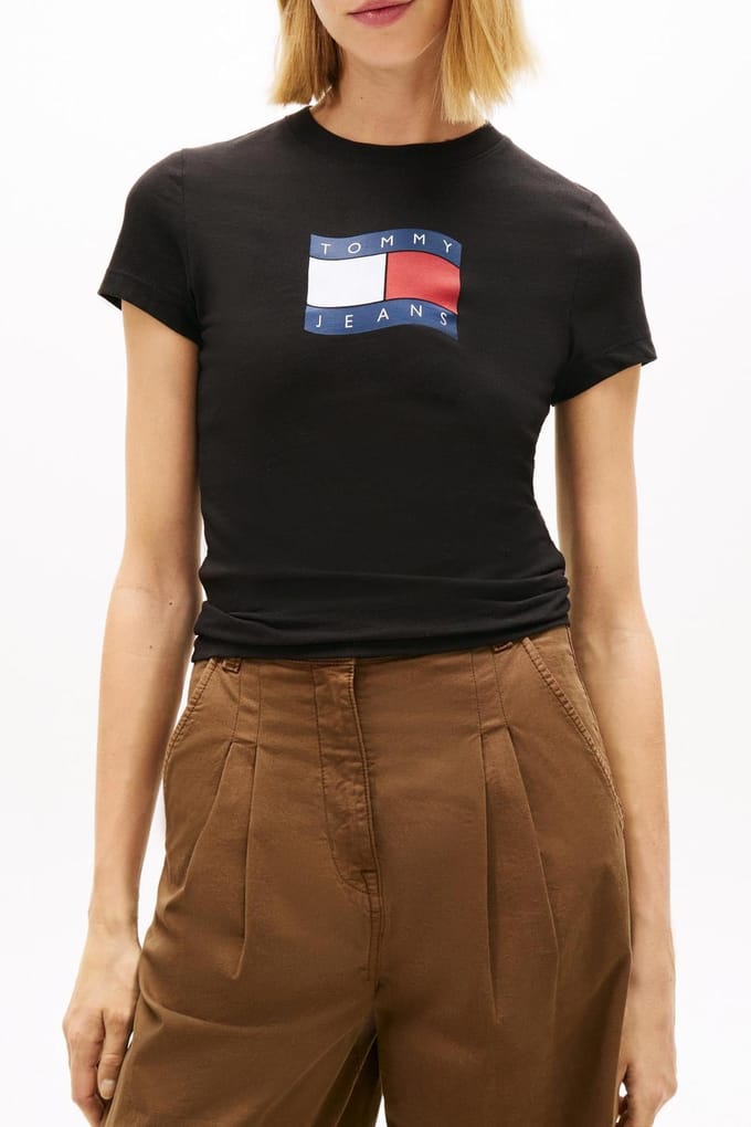 Tommy Hilfiger Slim Wavy Flag Tee Black Größe: L | Hemden Outlet | Damen | Schwarz