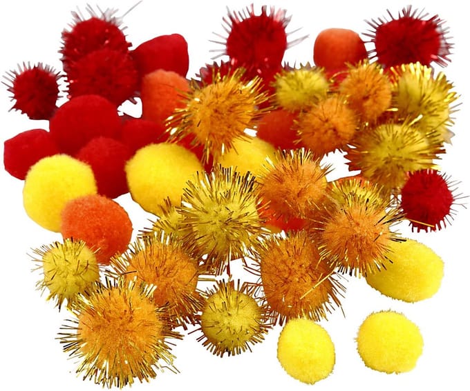 Pompons, d 15+20 mm, oranje, rood, geel, 48 div/ 1 doos