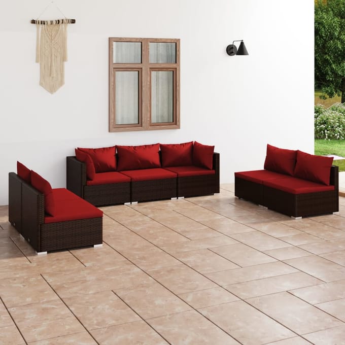 vidaXL - 7-delige - Loungeset - met - kussens - poly - rattan - bruin