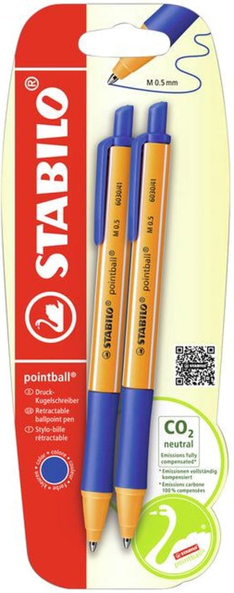 Balpen STABILO pointball 6030/41 medium blauw blister à 2 stuks